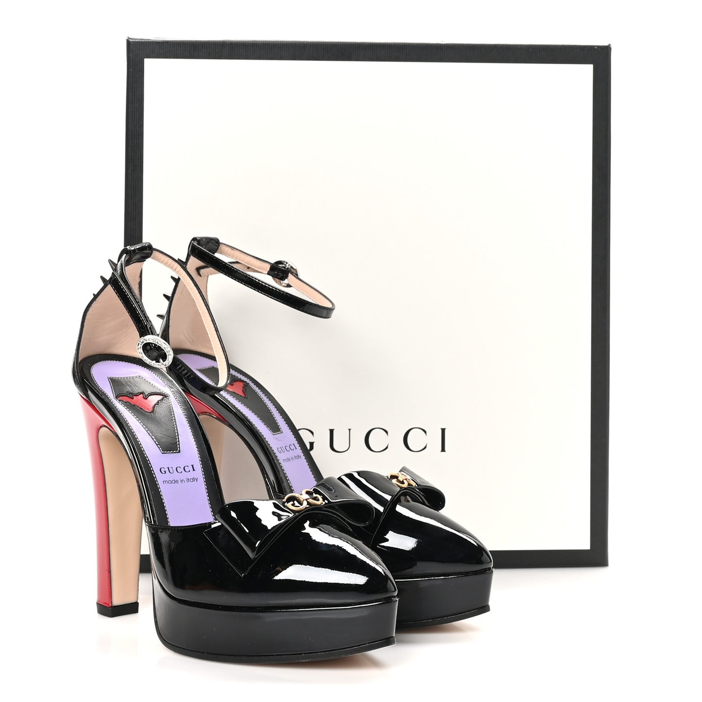 Patent Crystal GG Bow Sadie Spike Ankle Strap d'Orsay Platform High Heel Pumps 36.5 Black