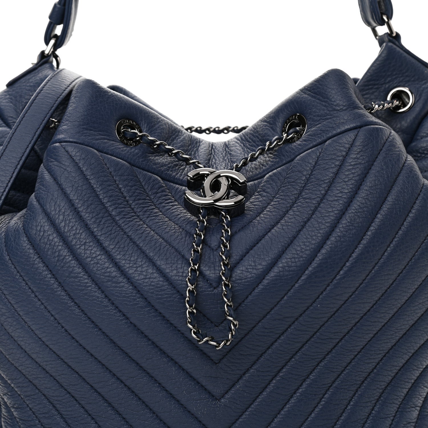 Chanel Deerskin Chevron Medium CC Chain Bucket Drawstring Bag Navy Blue 7 of 11