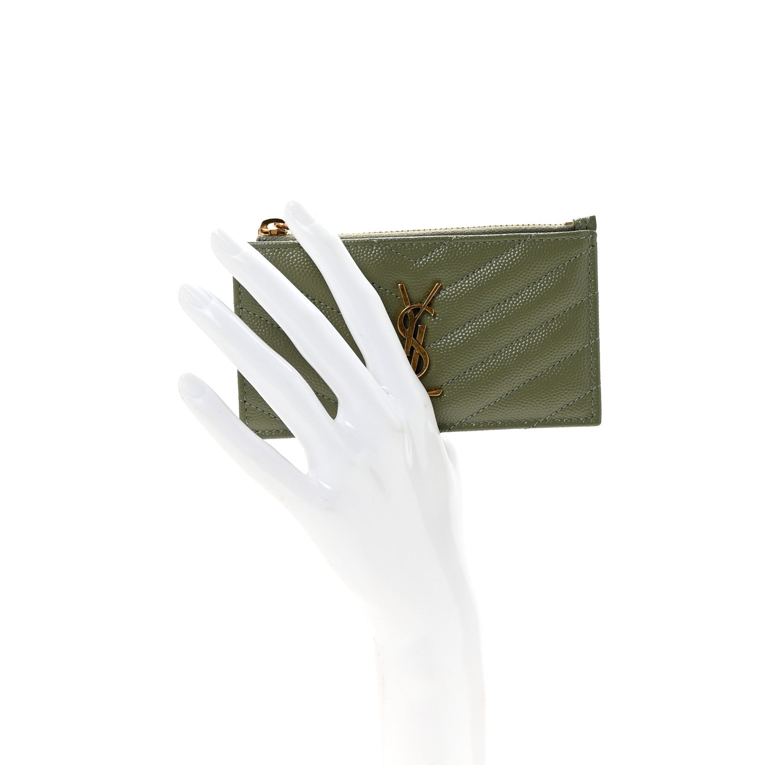 Saint Laurent Monogram Grain de Poudre 5 Fragments Zip Pouch Card Holder Light Sage 2 of 6