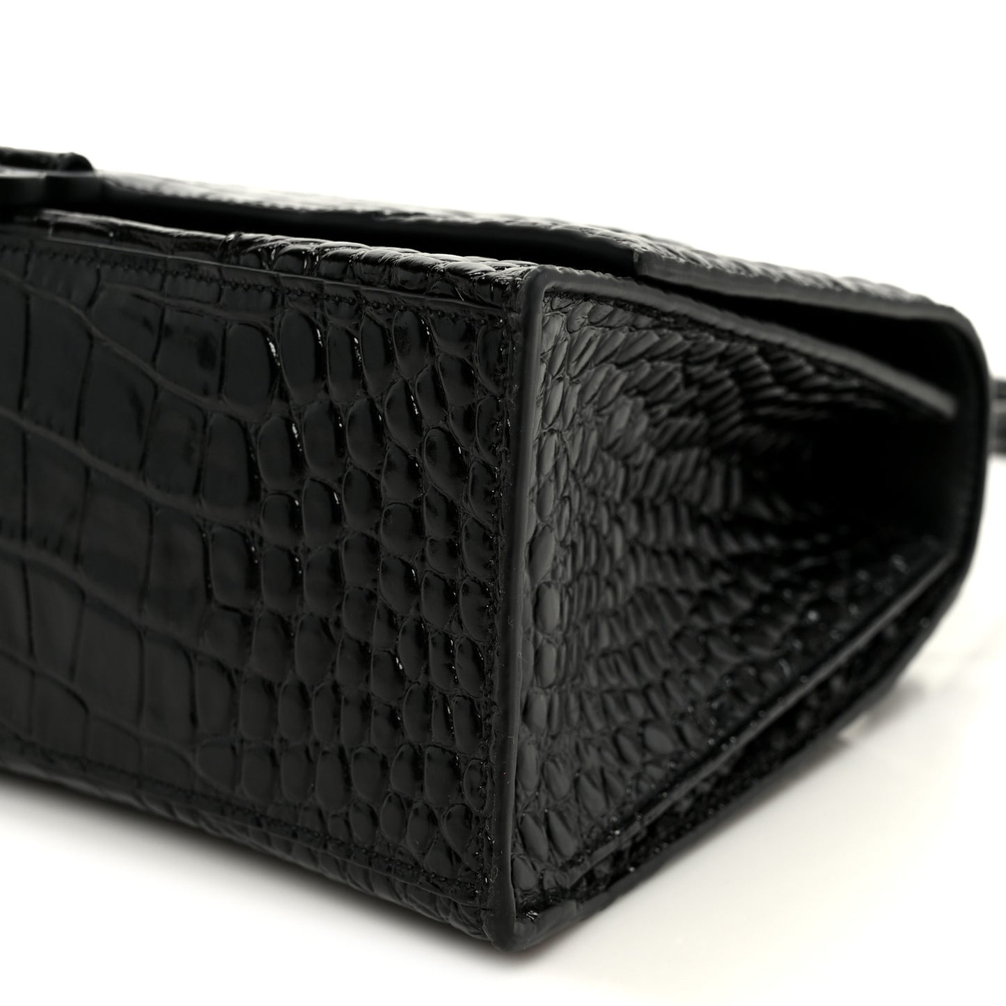 Shiny Calfskin Monochrome Crocodile Embossed Medium Hourglass Top Handle Bag Black