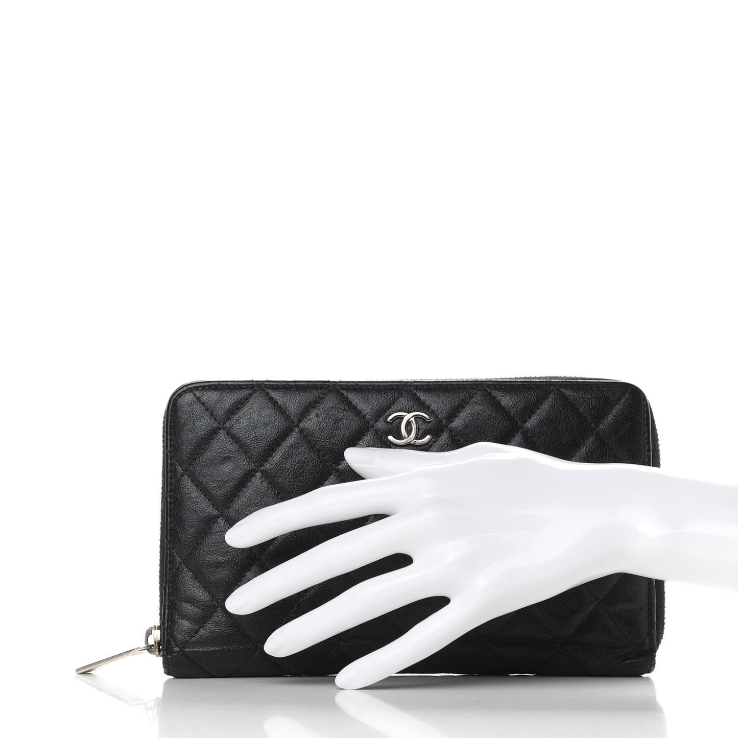 Calfskin Quilted Large Zip Around Organizer Wallet Black