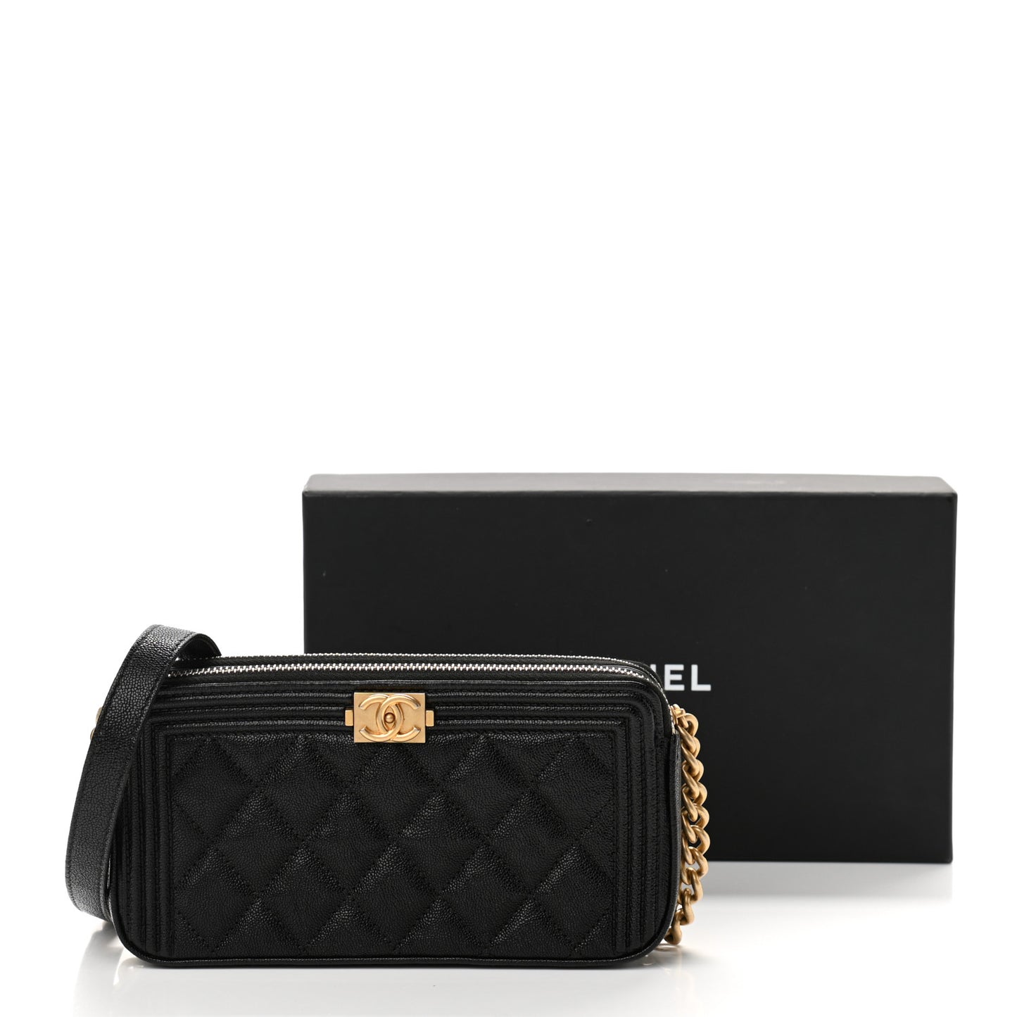 Caviar Quilted Small Boy Clutch With Chain Black