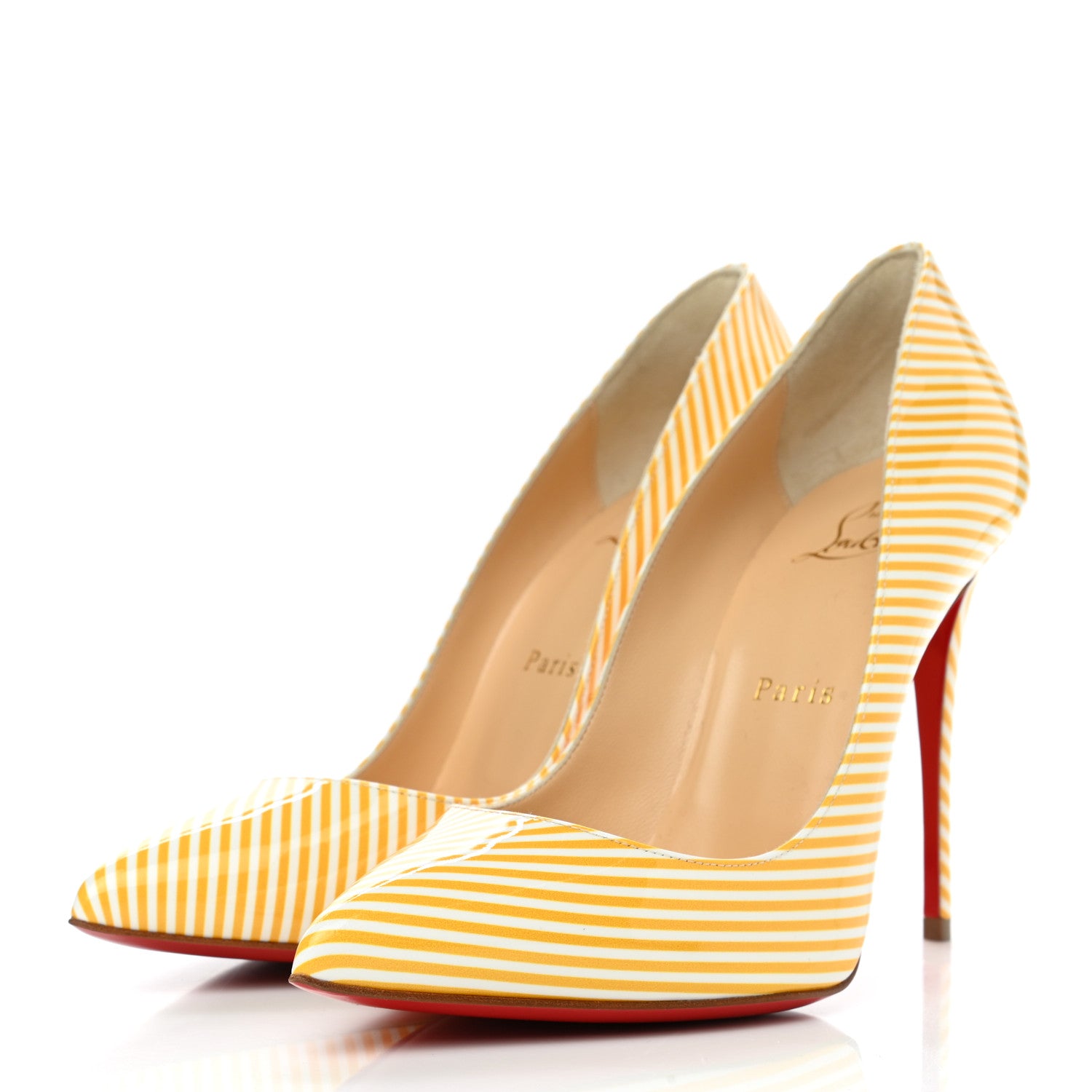 Christian Louboutin Patent Pigalle Follies Stripes 100 Pumps 37.5 Banana White 3 of 8