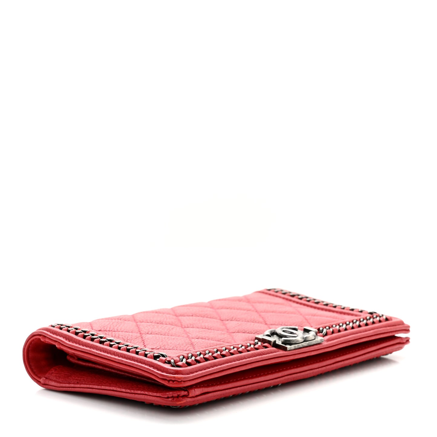 Calfskin Quilted Boy Chain Around Yen Wallet Red
