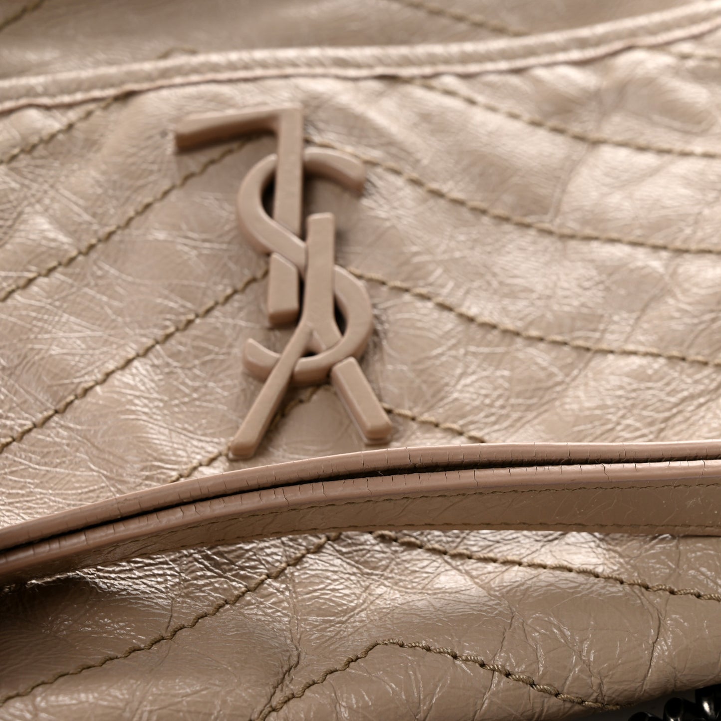 Crinkled Calfskin Matelasse Monogram Medium Niki Chain Satchel Gold Sand