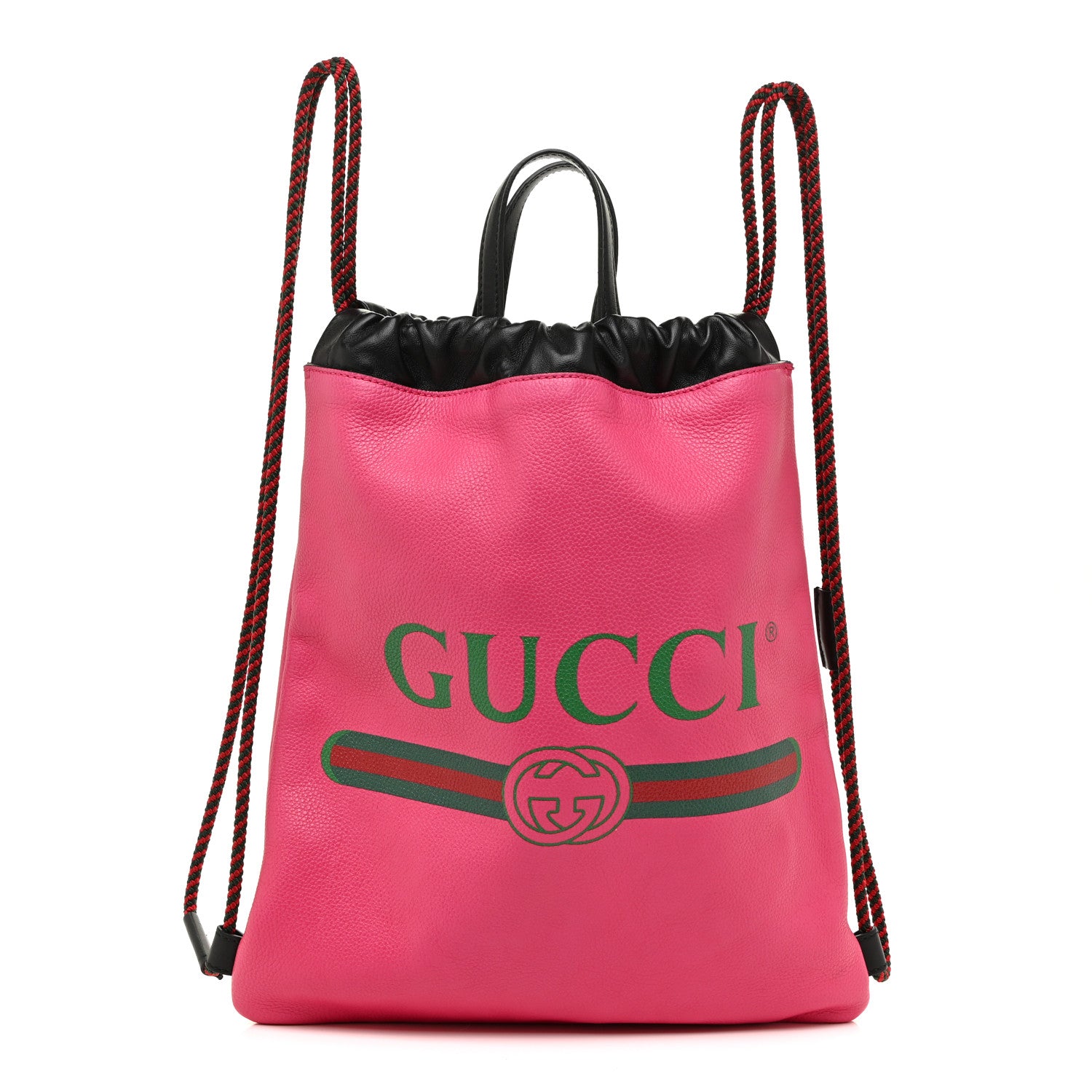 Gucci Grained Calfskin Logo Drawstring Backpack Box Pink Green Black 3 of 13