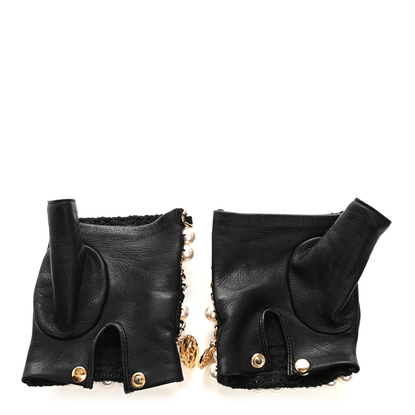 Lambskin Pearl Fingerless Chain CC Gloves 7 Black