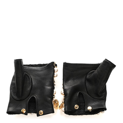 Chanel Lambskin Pearl Fingerless Chain CC Gloves 7 Black 2 of 7