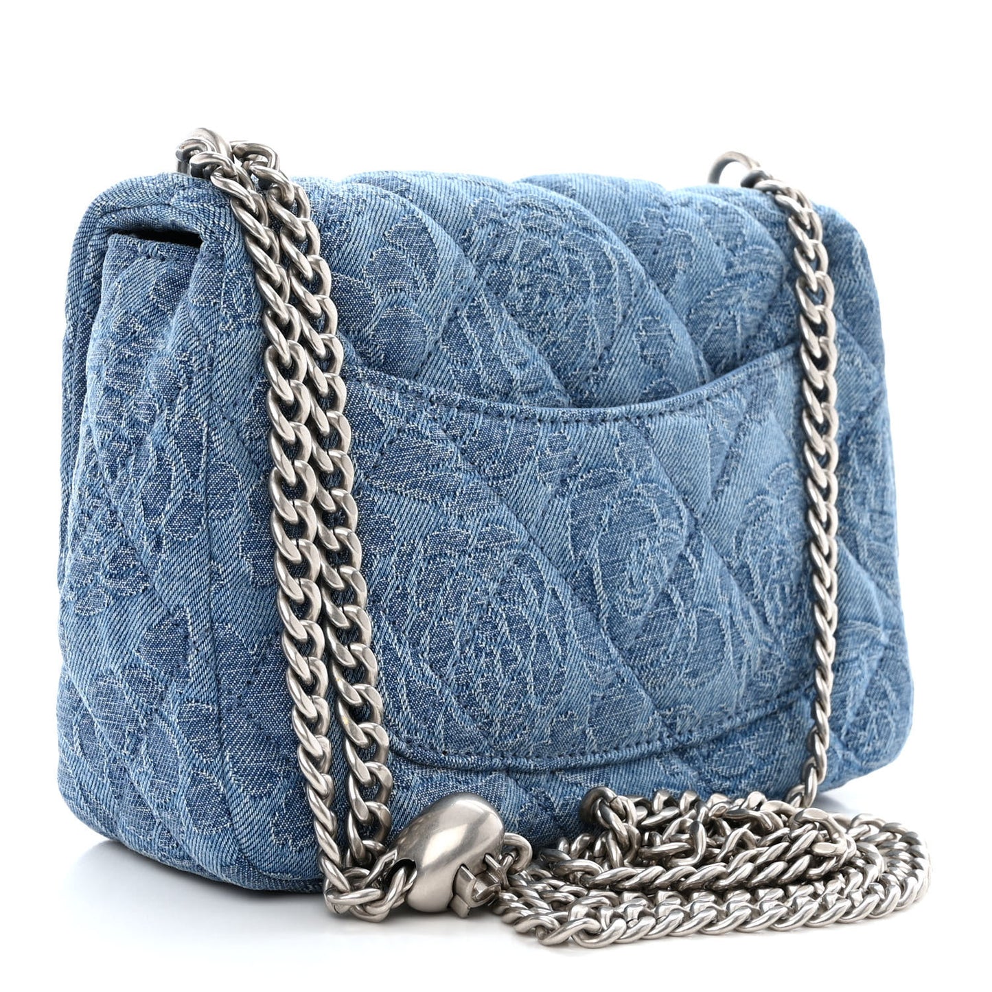Denim Quilted Camellia Sweetheart Mini Flap Blue