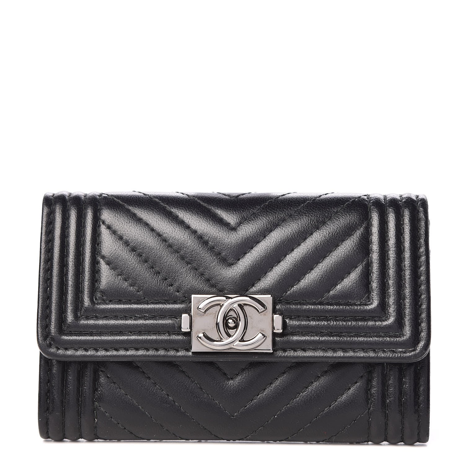Chanel Lambskin Chevron Quilted Boy Card Holder Wallet Black 1 of 14