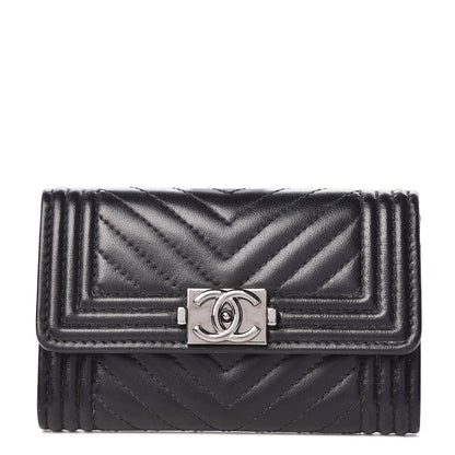 Chanel Lambskin Chevron Quilted Boy Card Holder Wallet Black 1 of 14