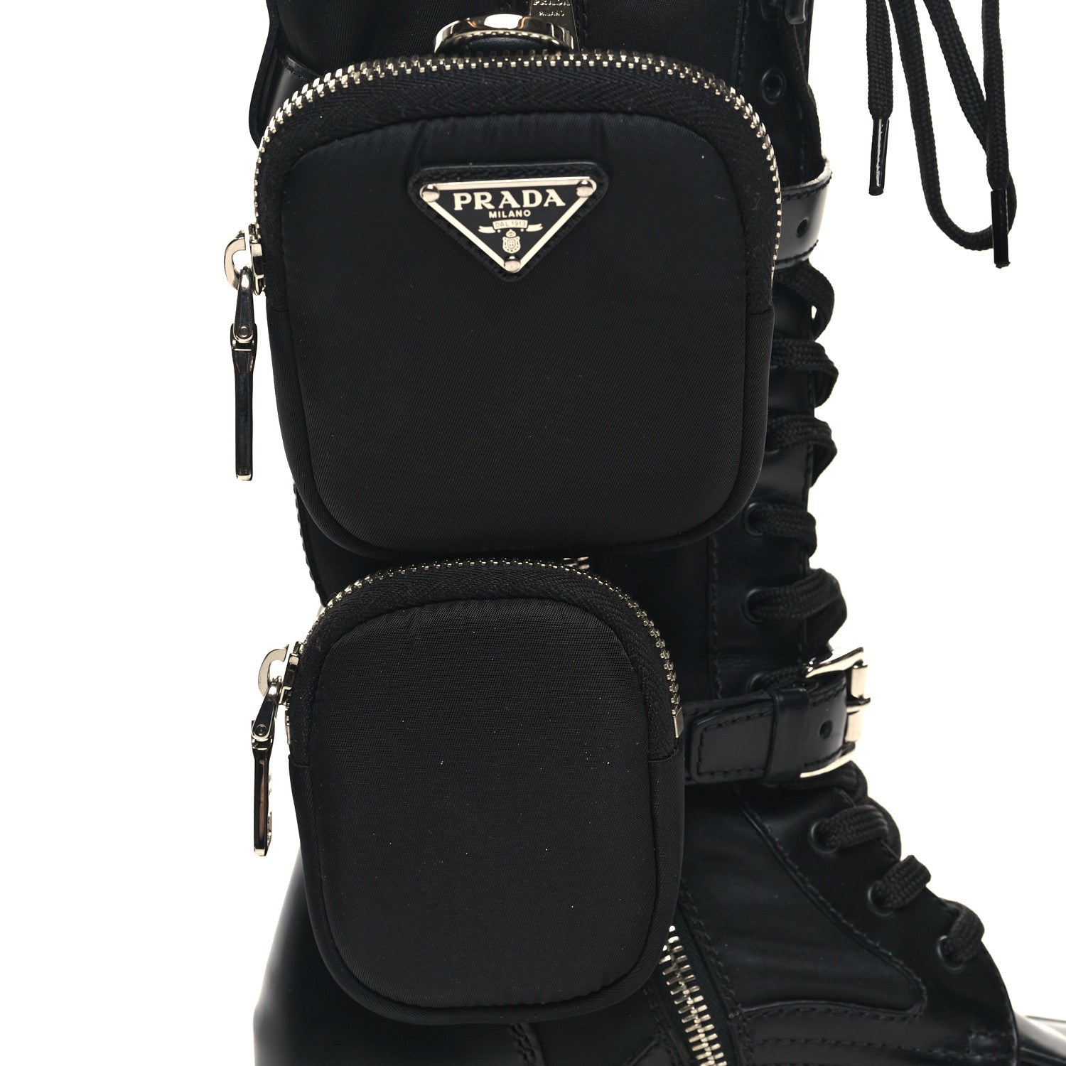 Prada Spazzolato Rois Re-Nylon Metal Triangle Logo Monolith Pouch Pocket 55mm Tall Combat Boots 36 Black 9 of 10