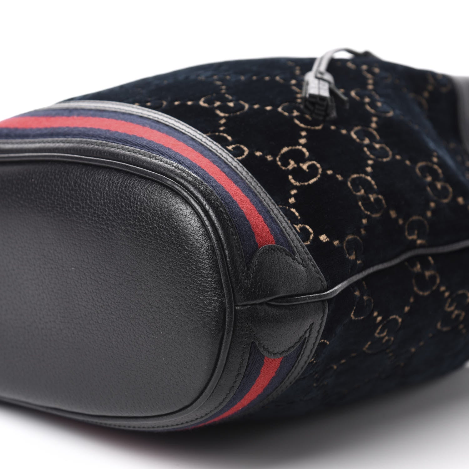 Gucci Velvet GG Monogram Web Bucket Bag Blue Beige 9 of 10