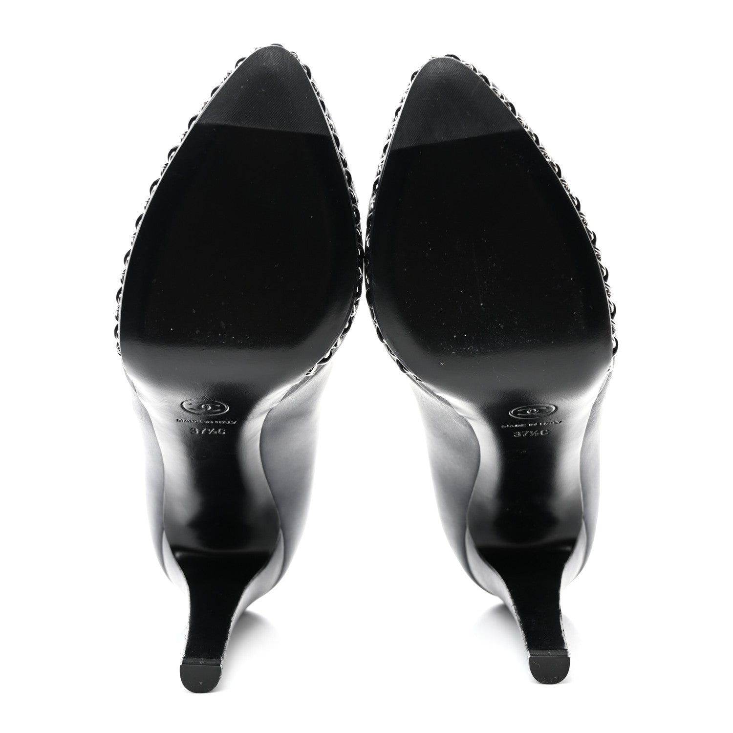 Chanel Calfskin Patent CC Cap Toe Platform Chain Pumps 37.5 Navy Black 5 of 10