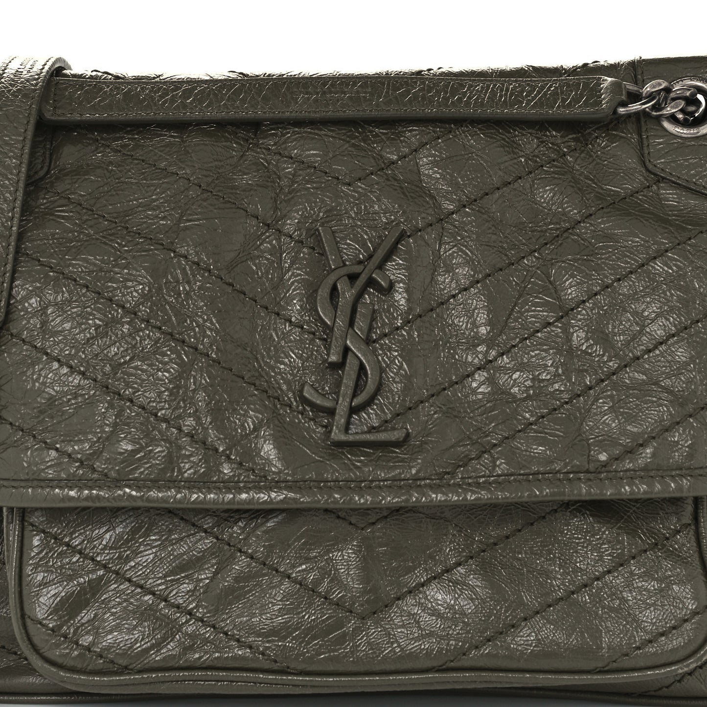 Crinkled Calfskin Matelasse Monogram Medium Niki Chain Satchel Military Olive