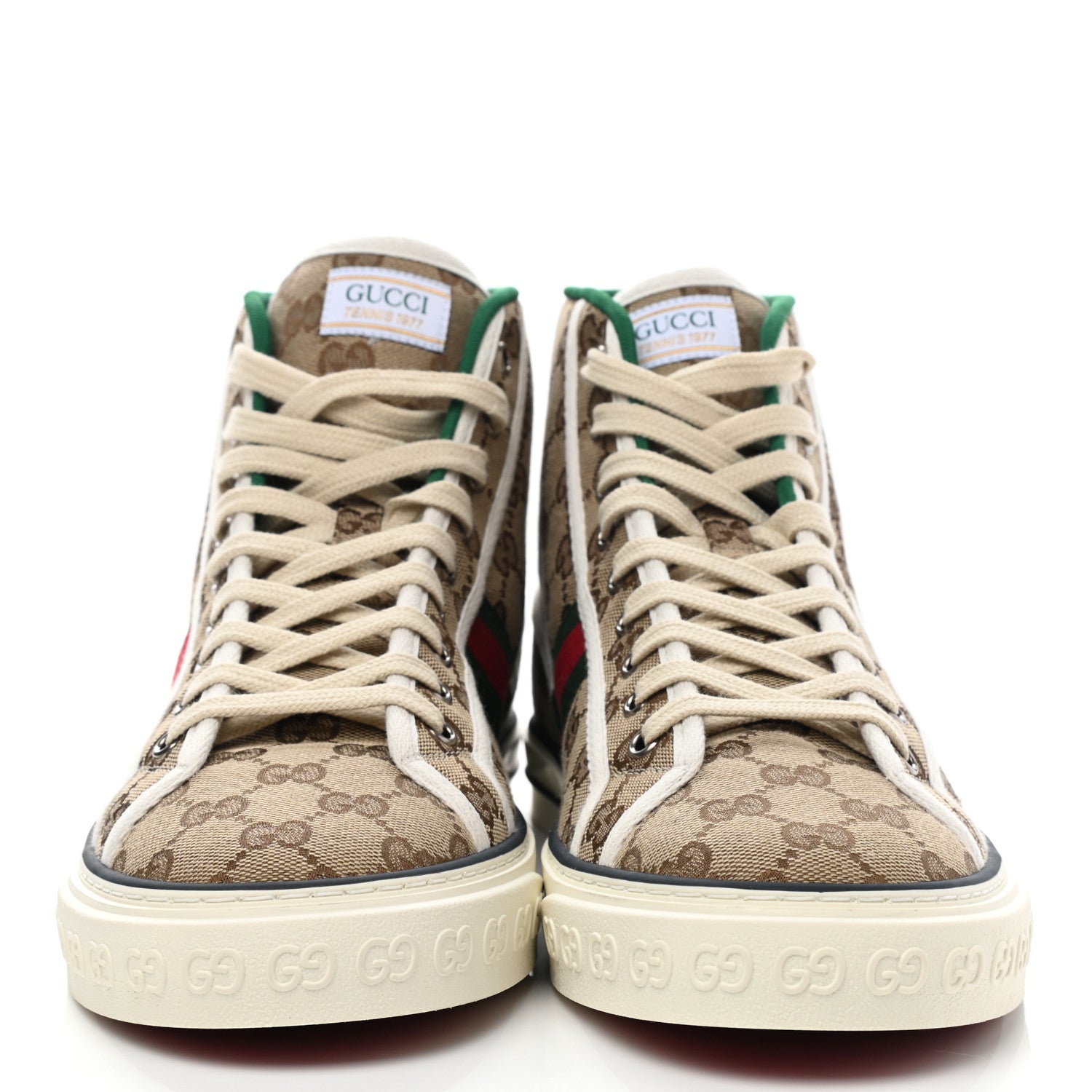 Gucci GG Monogram Web Mens 1977 Tennis High Top Sneakers 11 Beige Ebony Mystic White 2 of 9