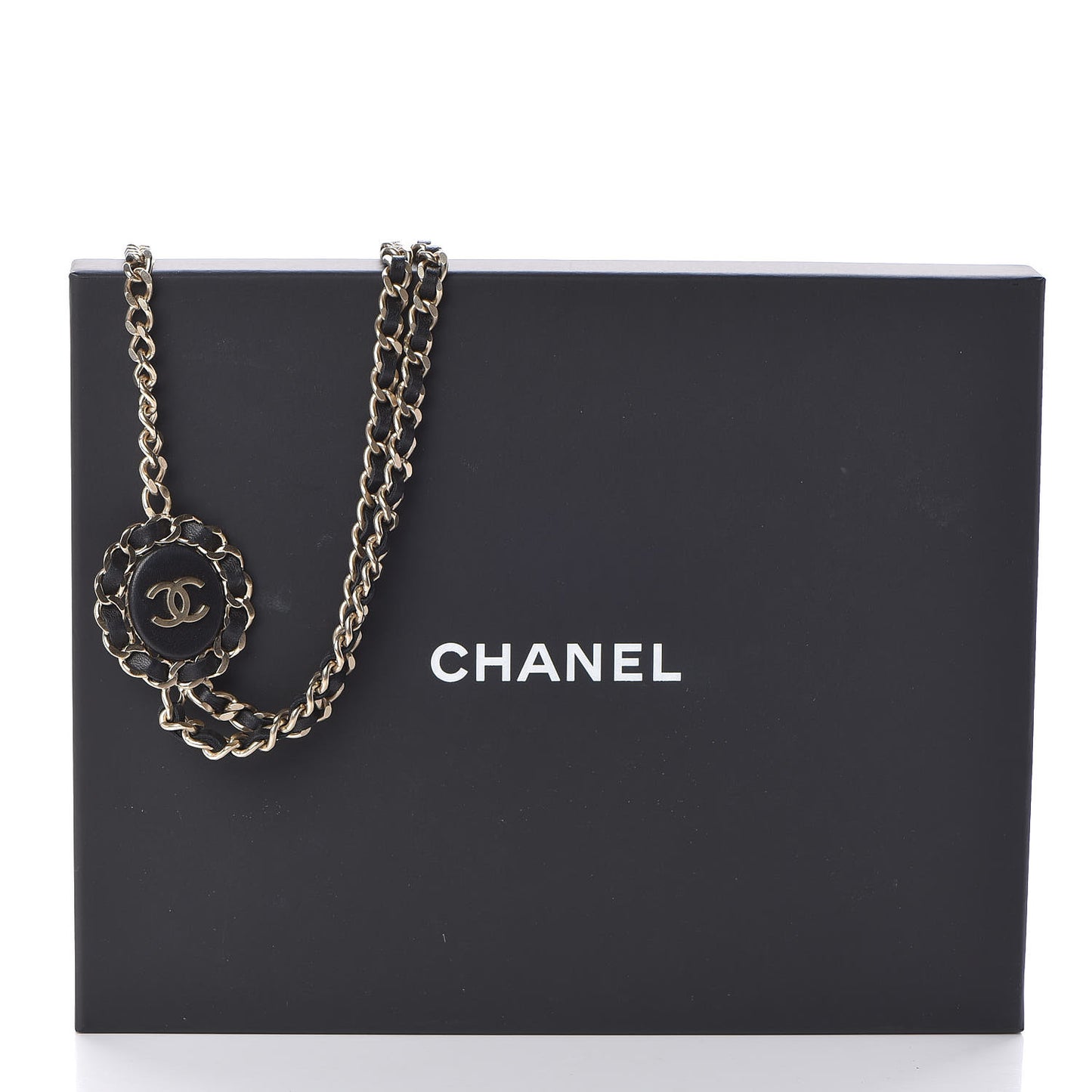 Lambskin CC Long Chain Necklace Black Gold