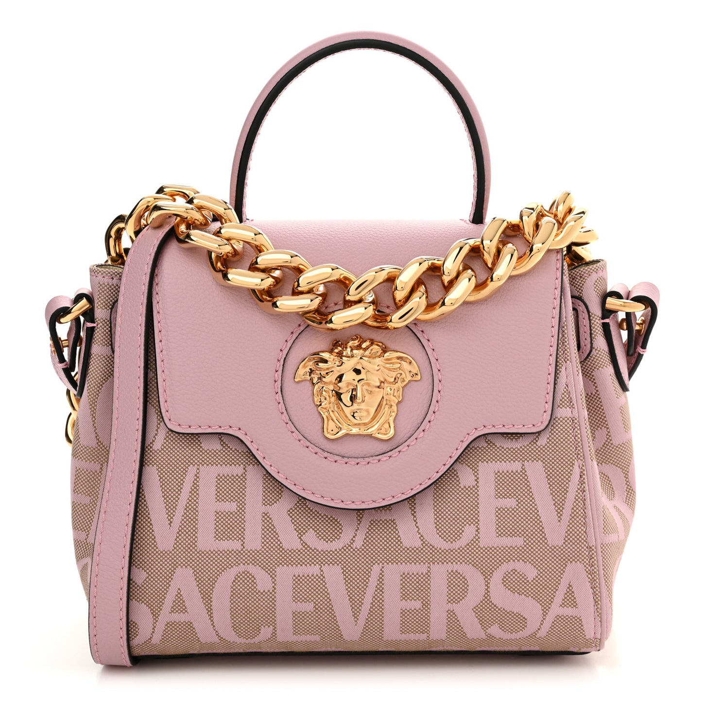 Calfskin Canvas Allover La Medusa Small Top Handle Handbag Pink