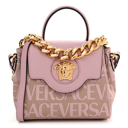 Versace Calfskin Canvas Allover La Medusa Small Top Handle Handbag Pink 1 of 9