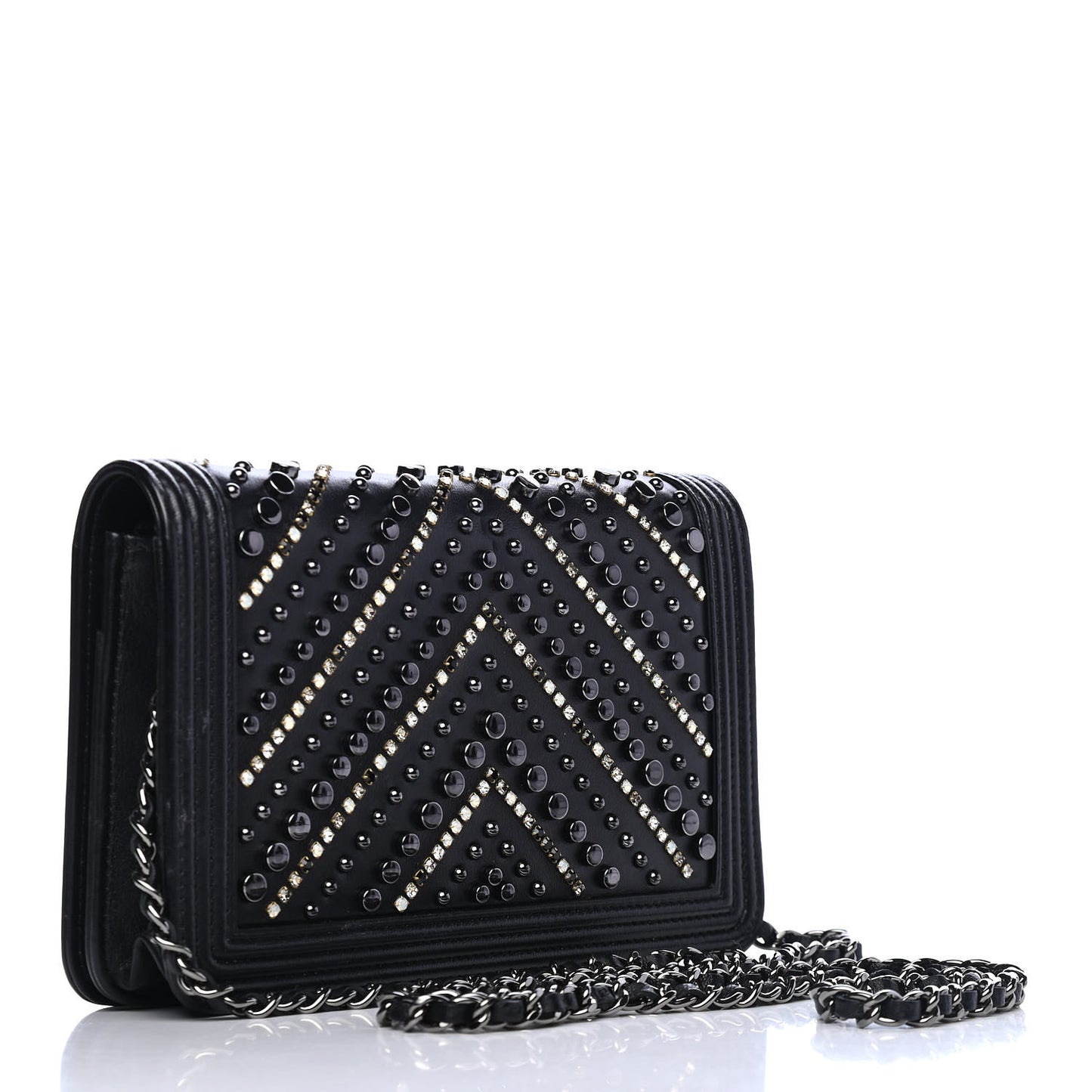 Calfskin Crystal Studded Chevron Boy Wallet On Chain WOC Black