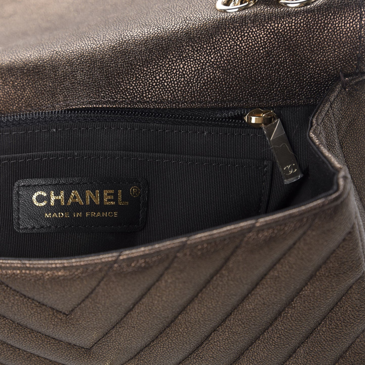 Metallic Caviar Chevron Quilted Mini Statement Flap Bronze