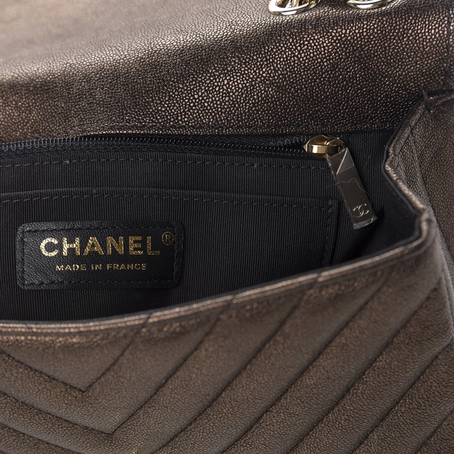 Chanel Metallic Caviar Chevron Quilted Mini Statement Flap Bronze 8 of 13