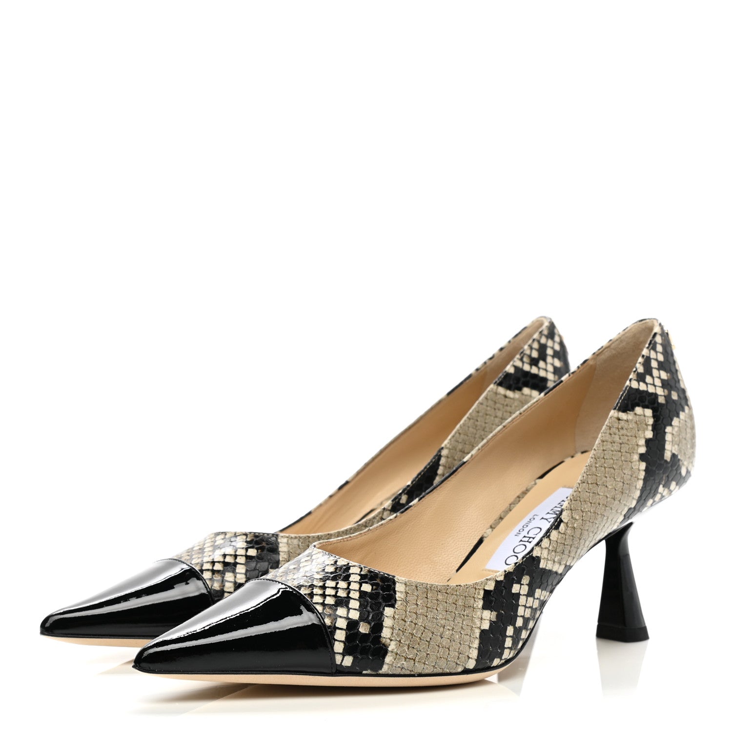 Jimmy Choo Calfskin Snake Print Pointy Toe Rene 75 Pumps 37.5 Black Natural 3 of 8