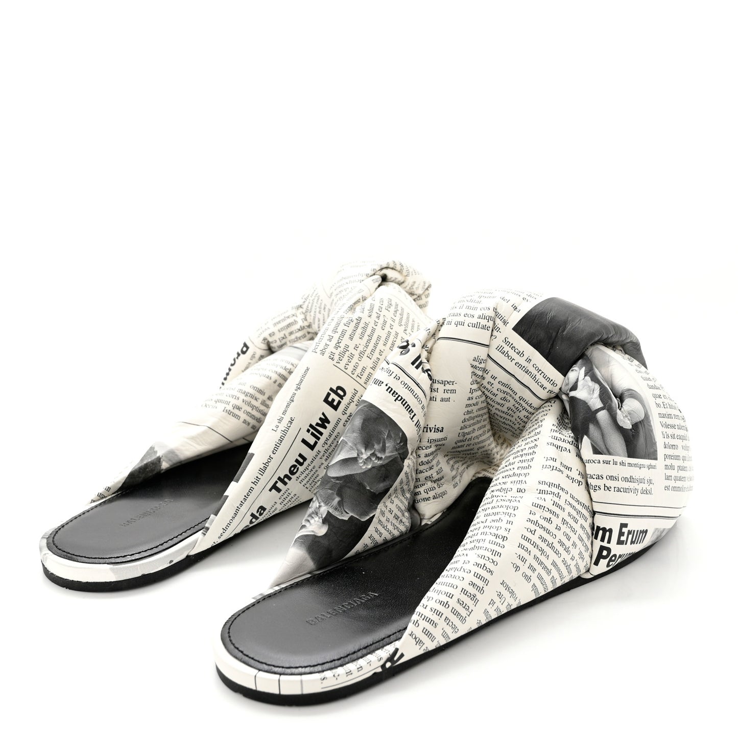 Calfskin Happy News Printed Drapy Slide Sandals 38.5 Black