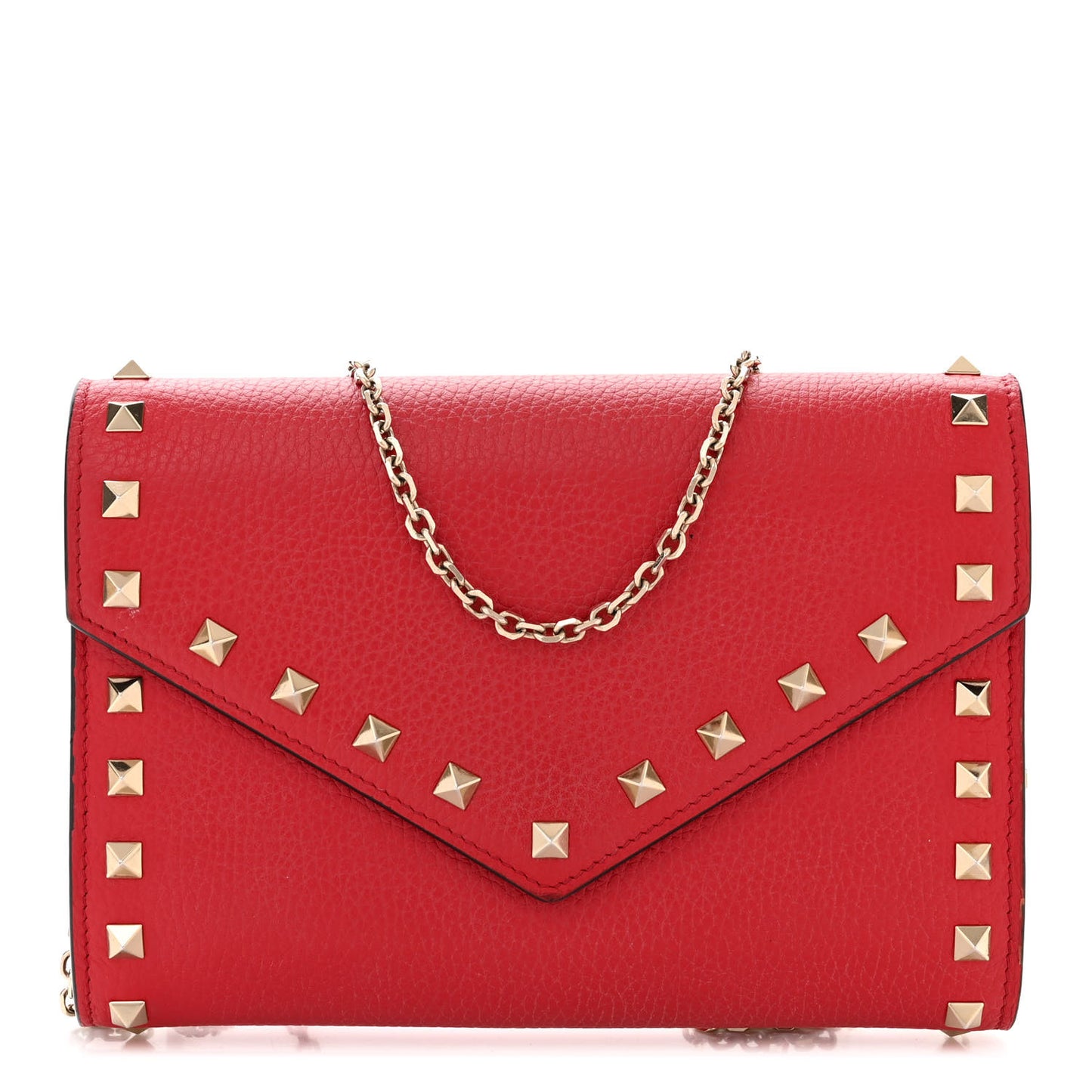 Pebbled Calfskin Rockstud Envelope Wallet on Chain Rosso Valentino