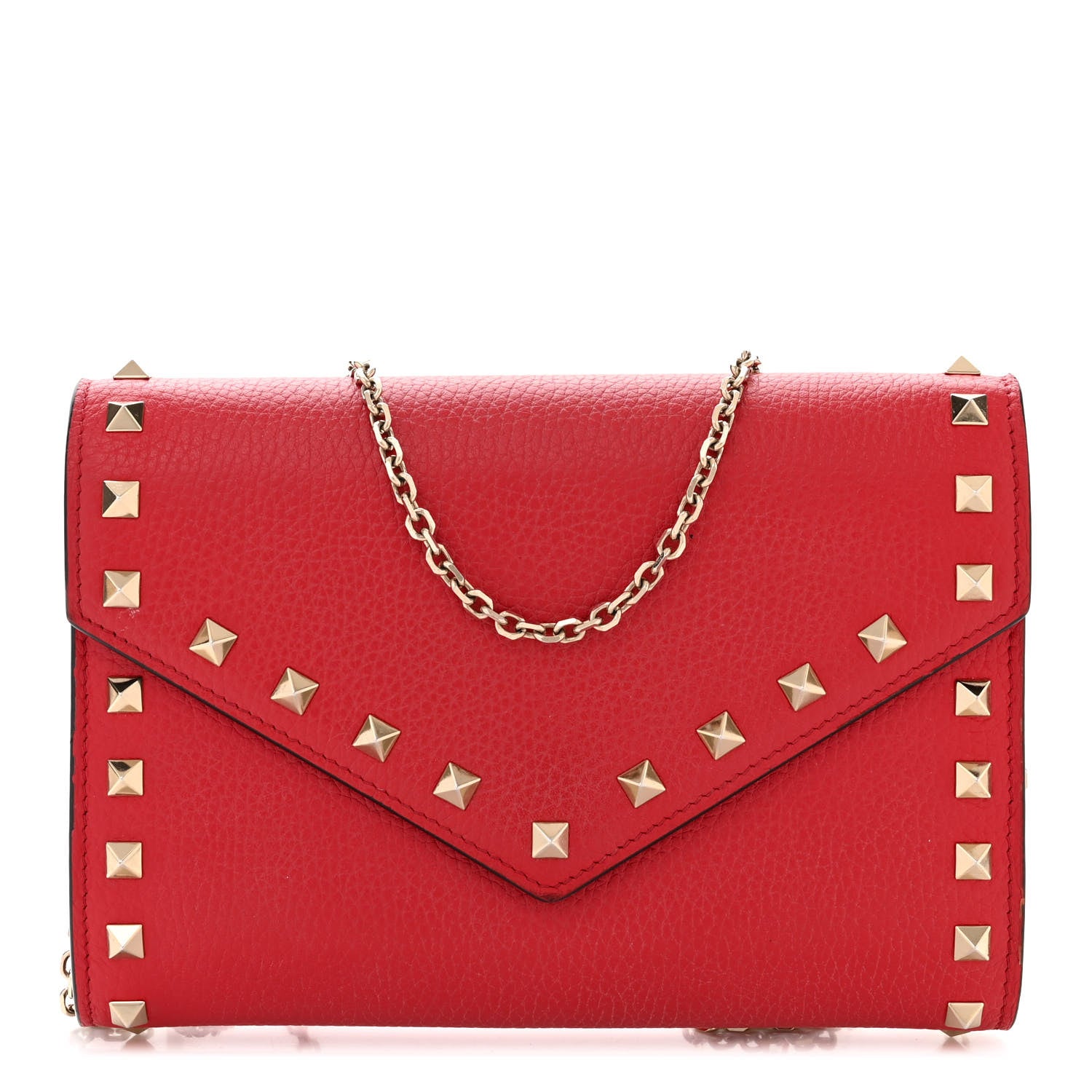 Valentino Garavani Pebbled Calfskin Rockstud Envelope Wallet on Chain Rosso Valentino 1 of 11