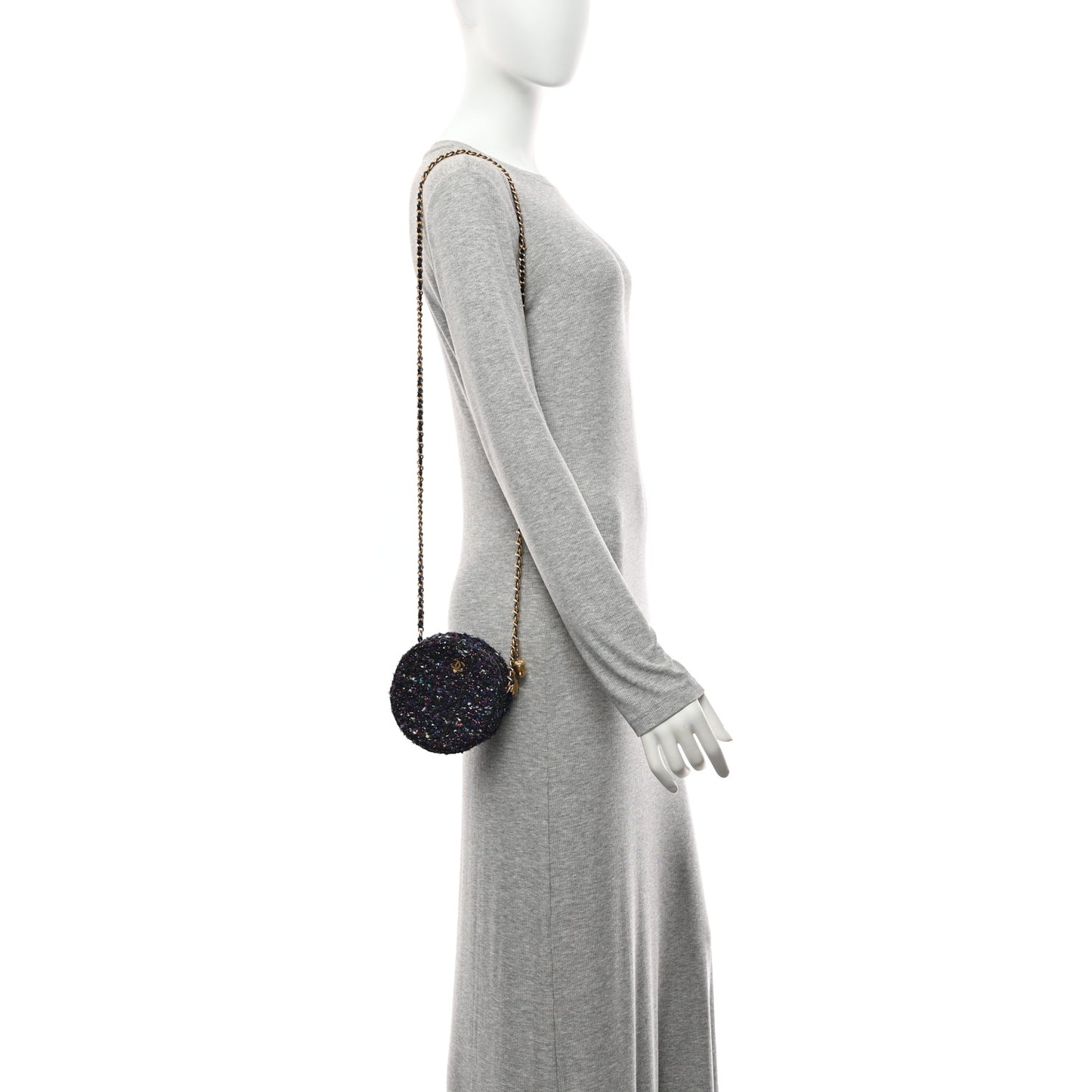 Tweed Quilted Round Clutch With Chain Multicolor