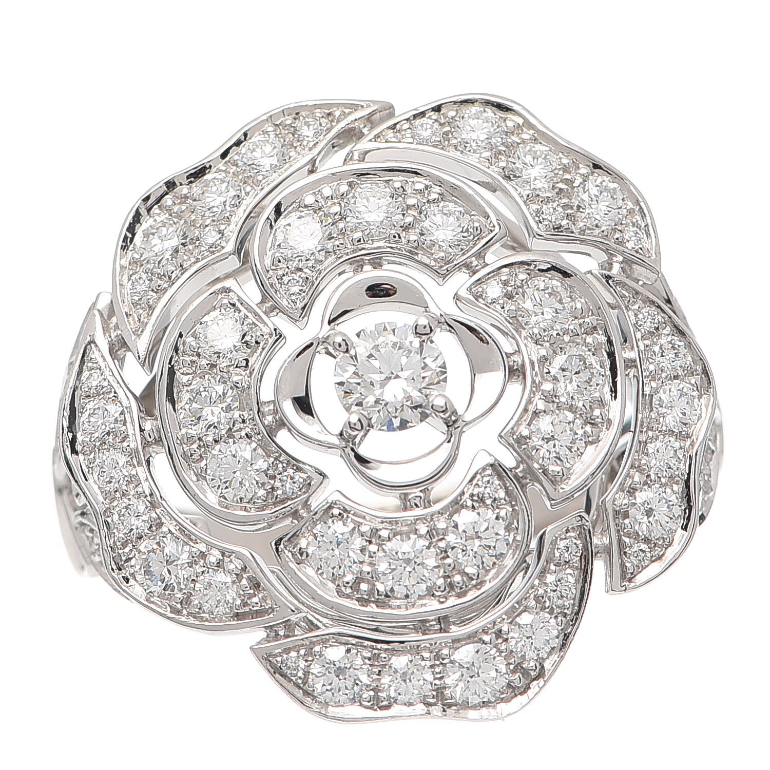Chanel 18K White Gold Diamond Bouton de Camélia Ring 54 6.75 1 of 6
