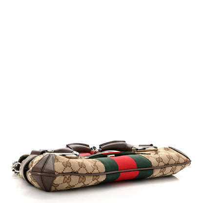 Gucci Monogram Textured Dollar Calfskin Heavy Grosgrain Web Medium Maxi Horsebit Chain Shoulder Bag Beige Ebony New Acero 5 of 10