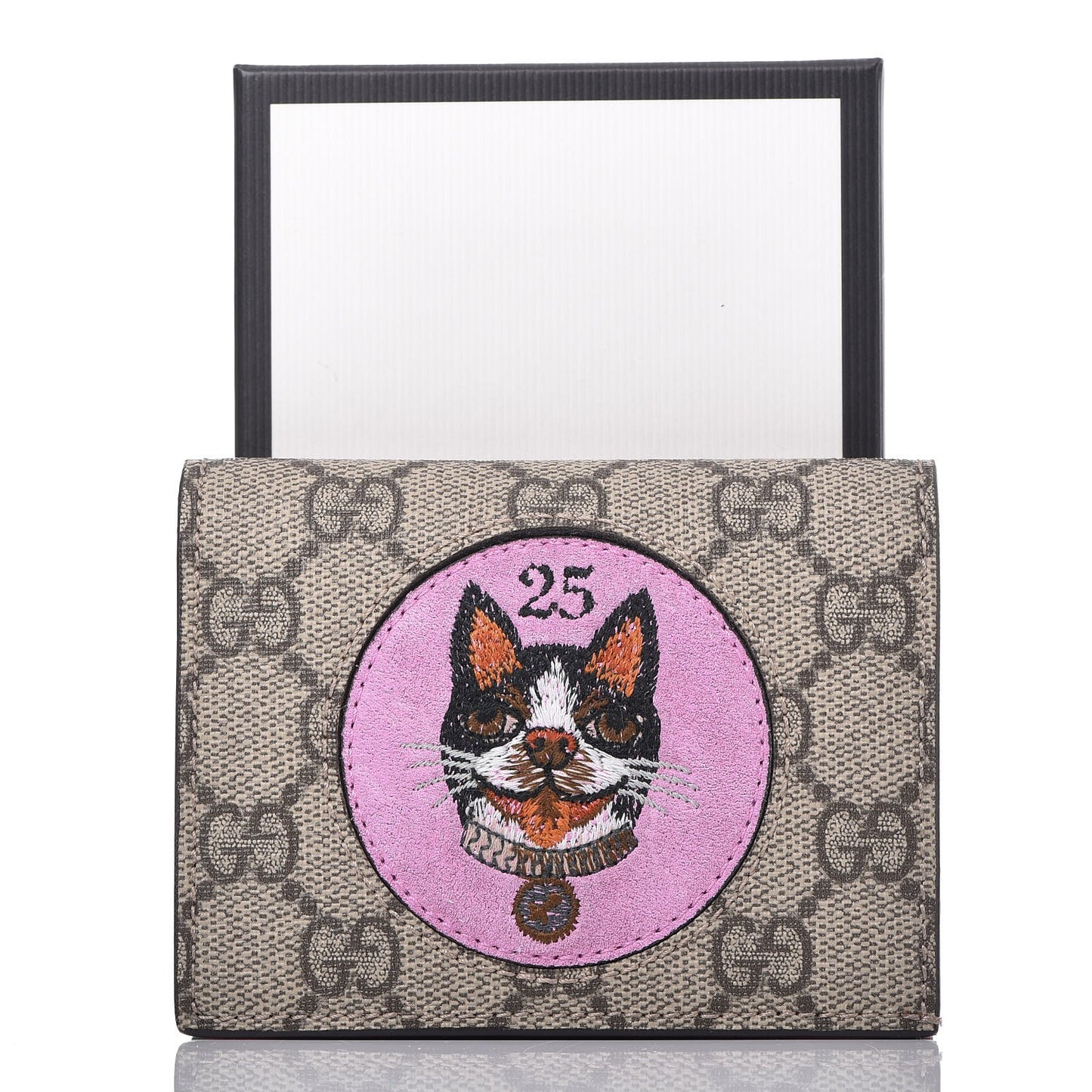 GG Supreme Monogram Bosco Patch Card Case Wallet Beige Malva Hibiscus Red