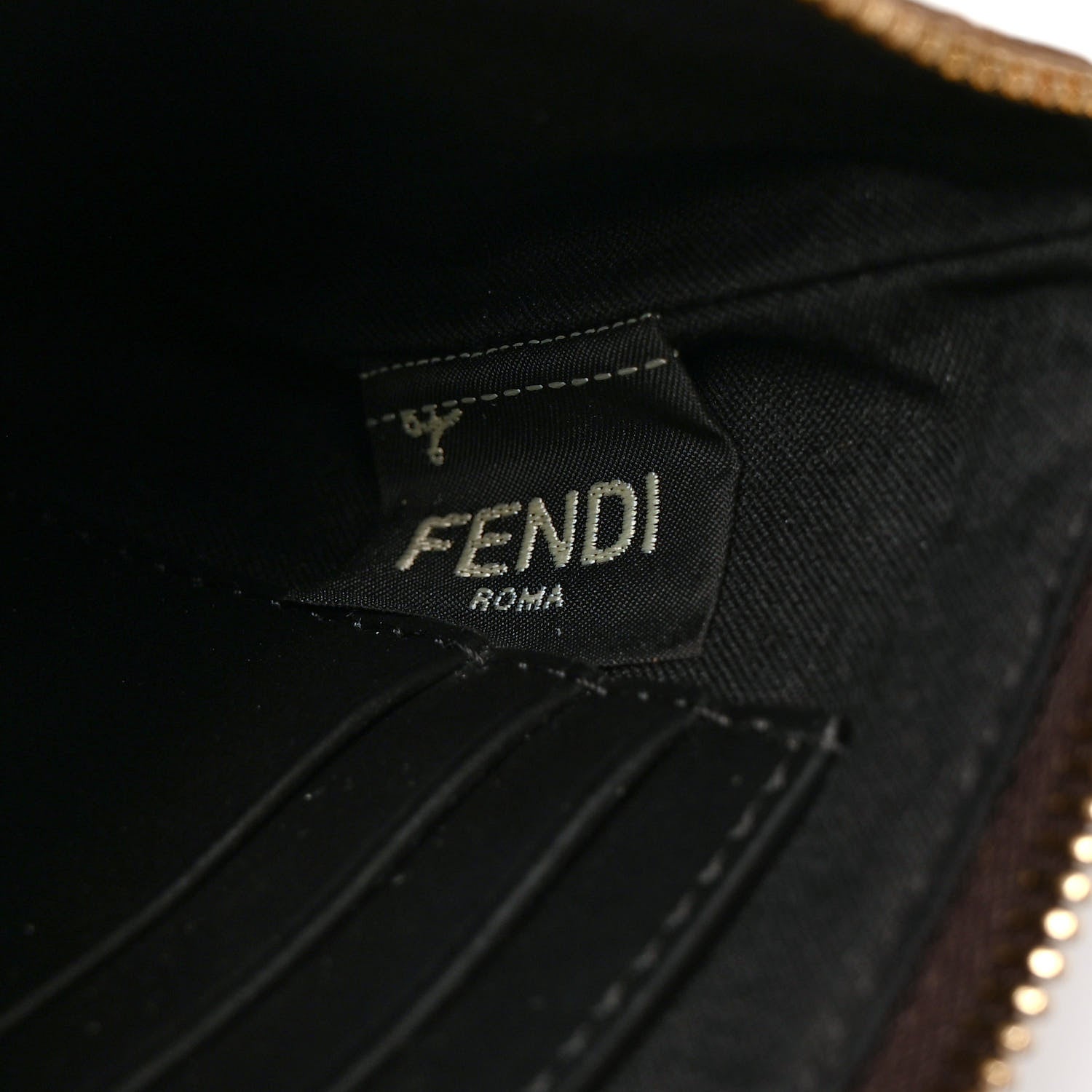 Fendi Glazed Fabric Vitello Century FF 1974 Stamp Patch XS FFreedom Flat Pouch Mogano Panna Black 7 of 7