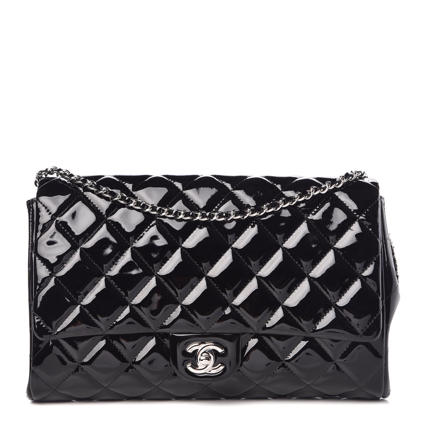 Patent Quilted Clutch with Chain Flap Black