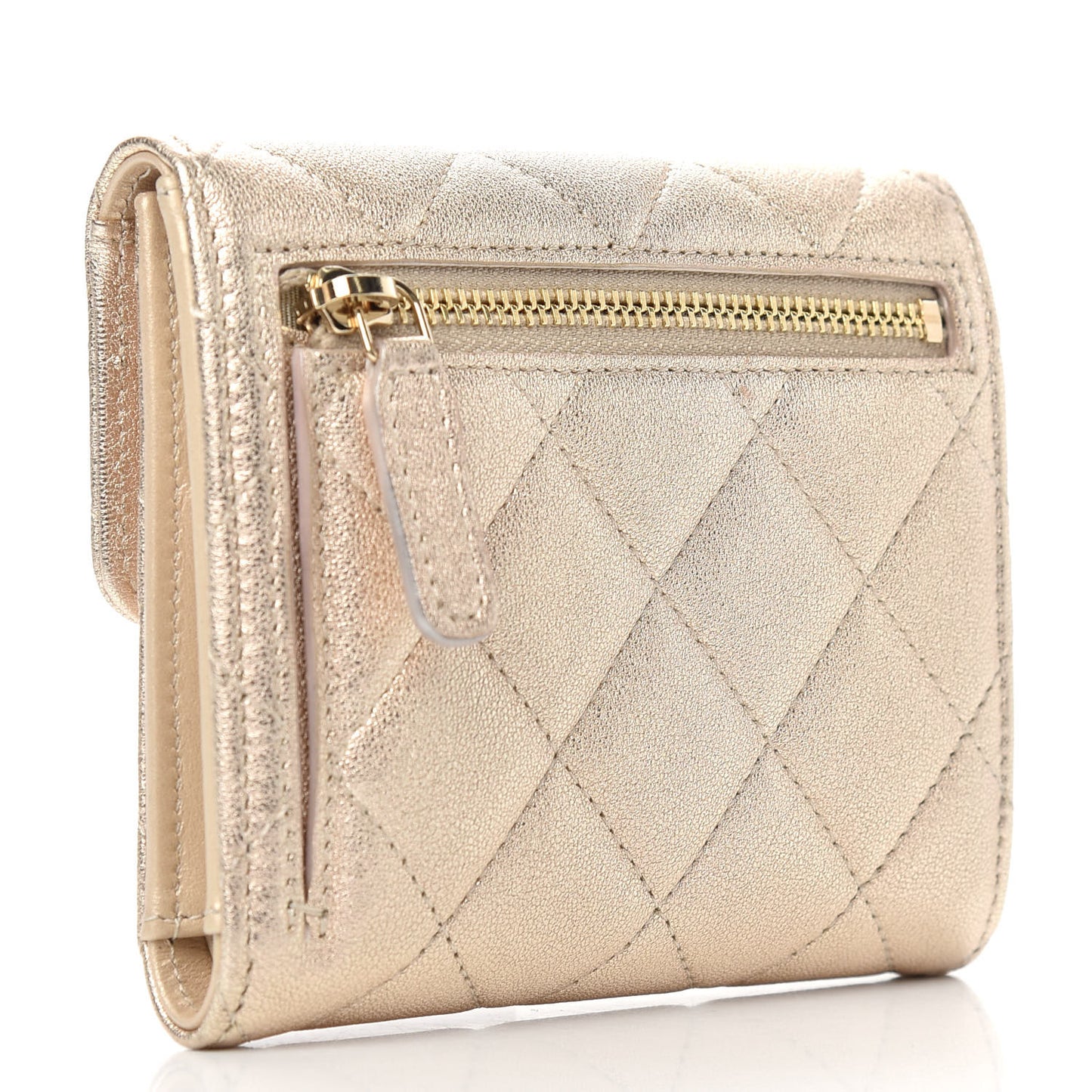 Metallic Lambskin Quilted Compact Flap Wallet Gold