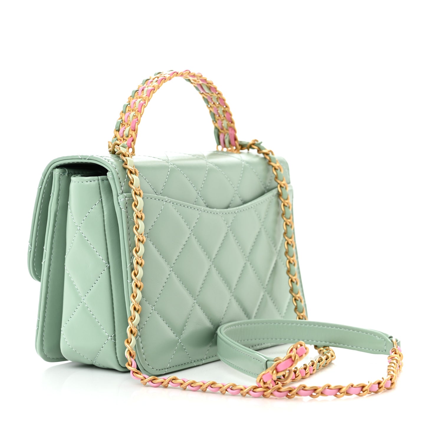 Shiny Calfskin Quilted Mini Metal Top Handle Flap Light Green