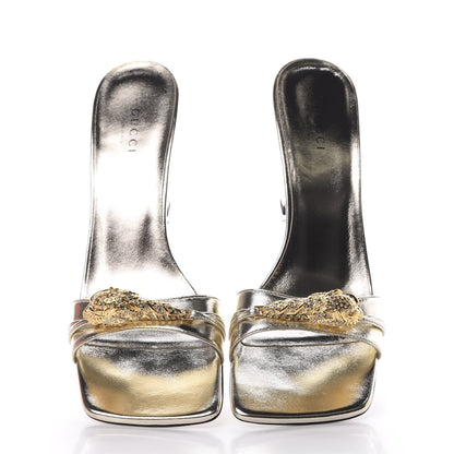 Gucci Metallic Nappa Dora Tiger Head Mid Heel Slide Sandals 38.5 Gold 5 of 9
