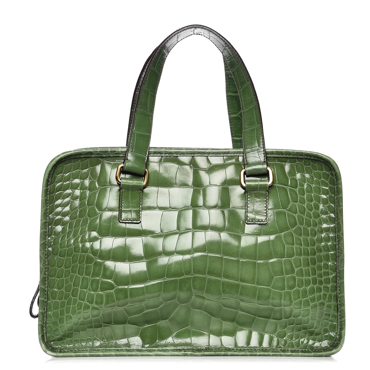 Shiny Calfskin Crocodile Embossed Double Zip Bauletto Larice