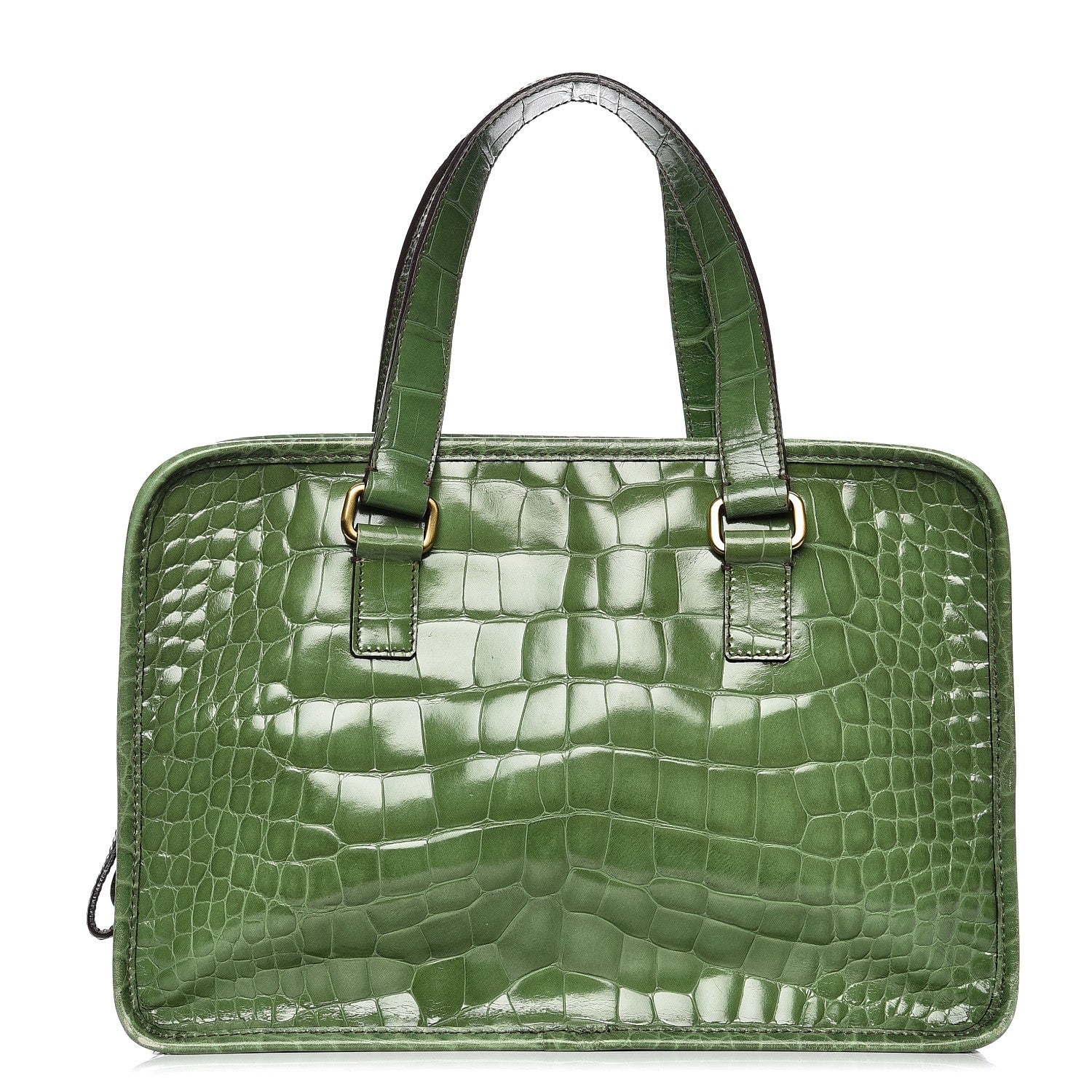 Prada Shiny Calfskin Crocodile Embossed Double Zip Bauletto Larice 1 of 15