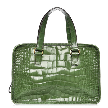 Prada Shiny Calfskin Crocodile Embossed Double Zip Bauletto Larice 1 of 15