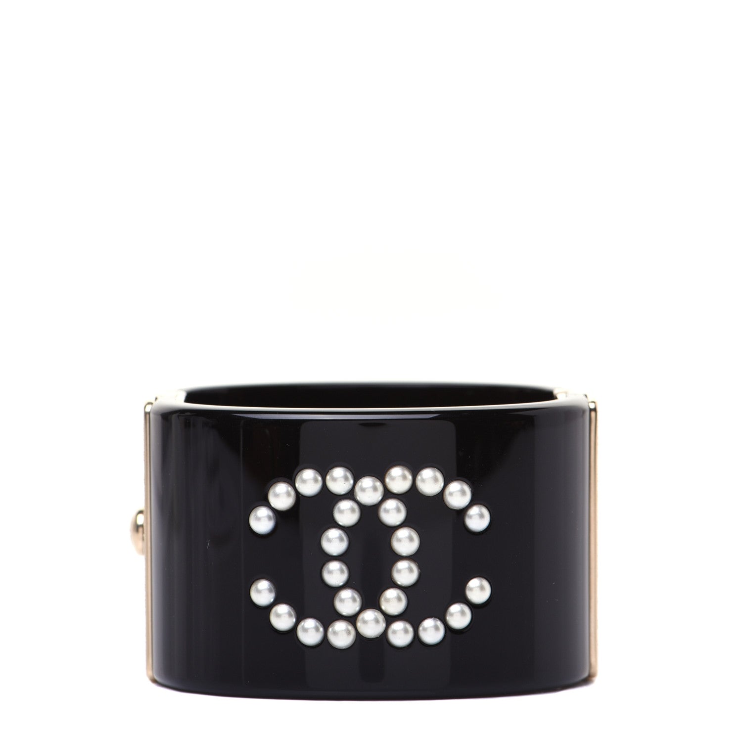 Chanel Resin Pearl Crystal CC Cuff Black 1 of 9