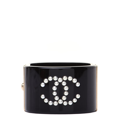 Chanel Resin Pearl Crystal CC Cuff Black 1 of 9
