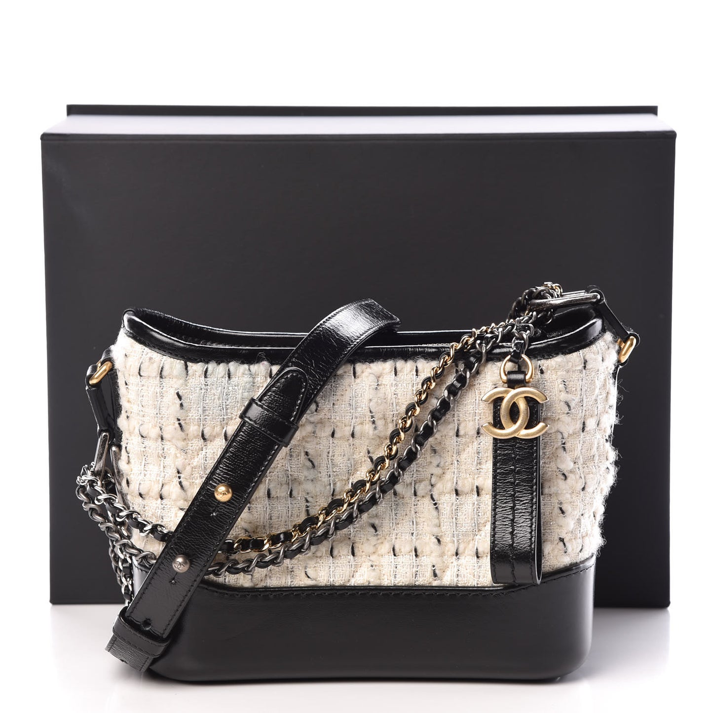 Tweed Calfskin Quilted Small Gabrielle Hobo Ivory Black