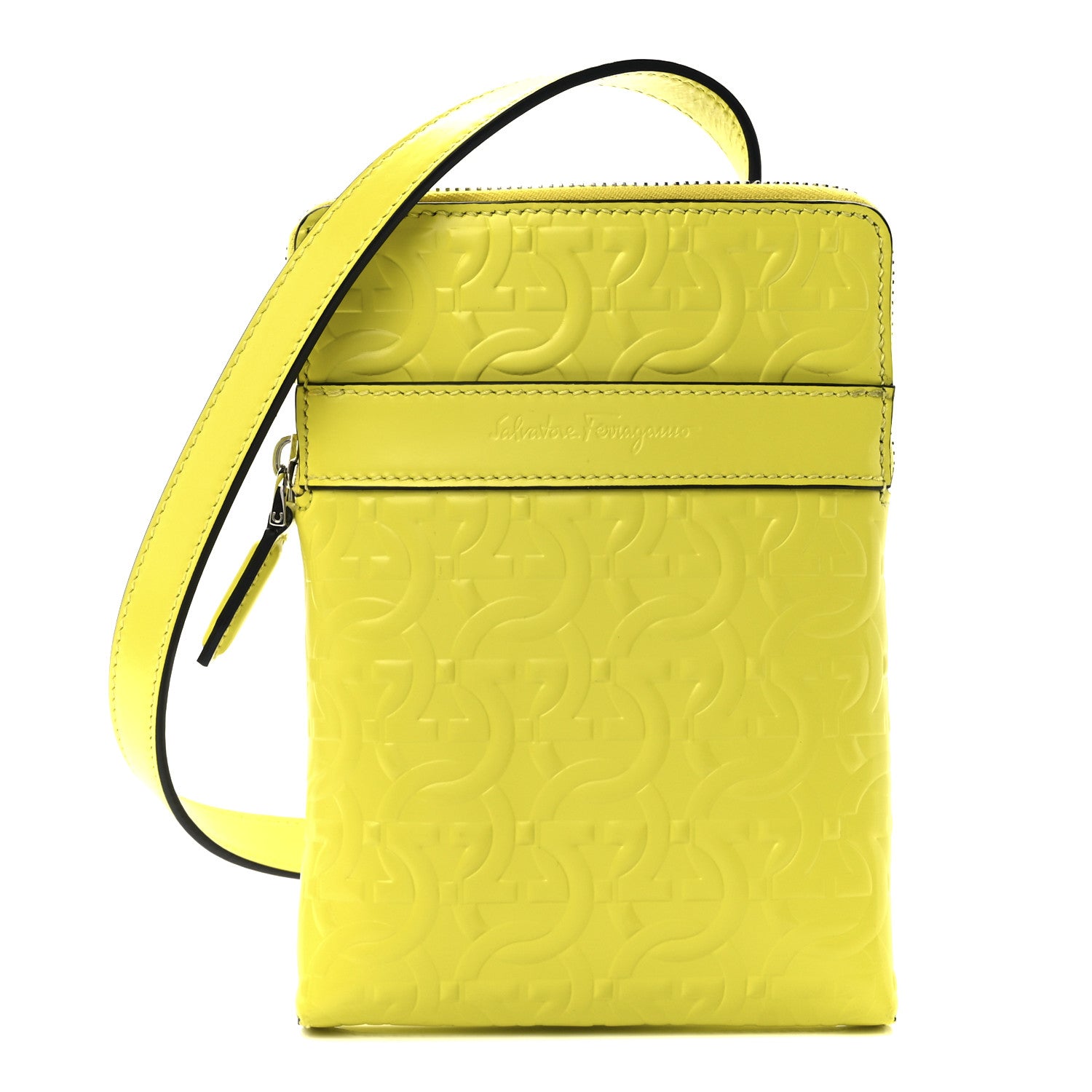 Salvatore Ferragamo Calfskin Gancini Embossed Travel Pouch Neon Yellow 1 of 10