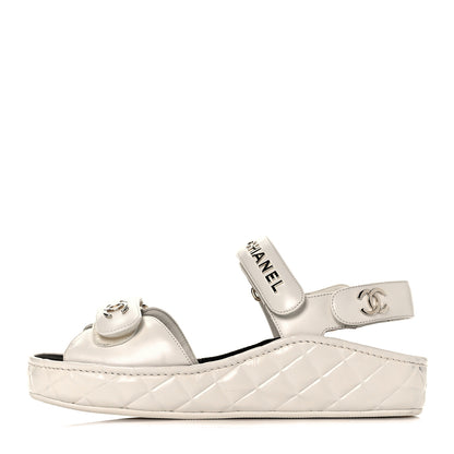 Chanel Shiny Calfskin Logo Platform Sandals 38 Ivory 1 of 10