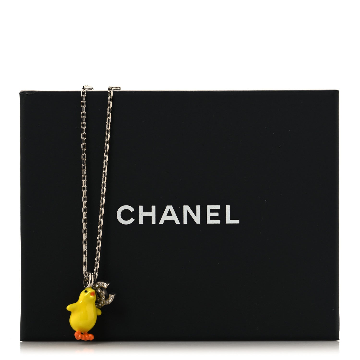 Chanel Metal Resin Strass Crystal CC Baby Chick Pendant Necklace Silver Yellow Orange 5 of 5