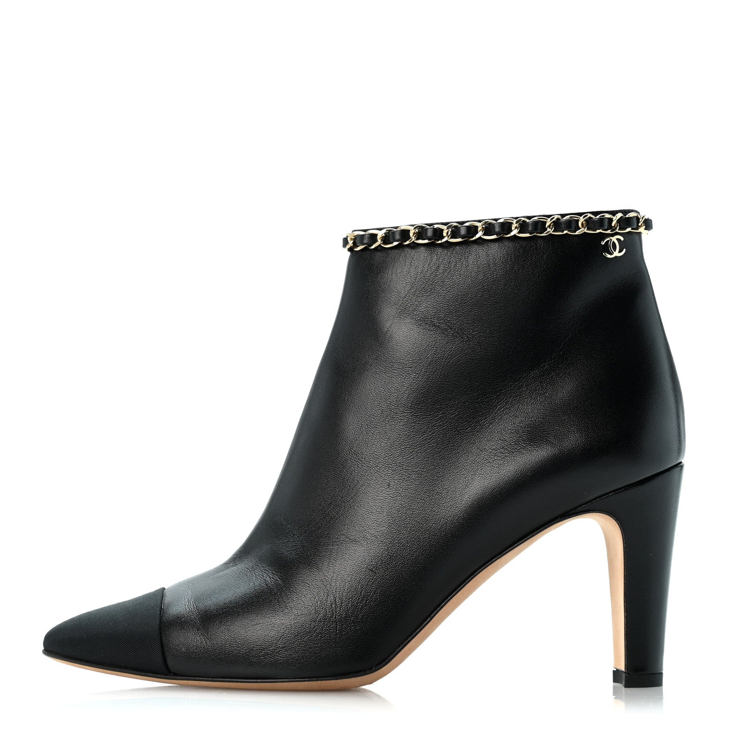 Chanel Lambskin Grosgrain CC Chain Cap Toe Short Boots 38 Black 38 Beige Black 1 of 11