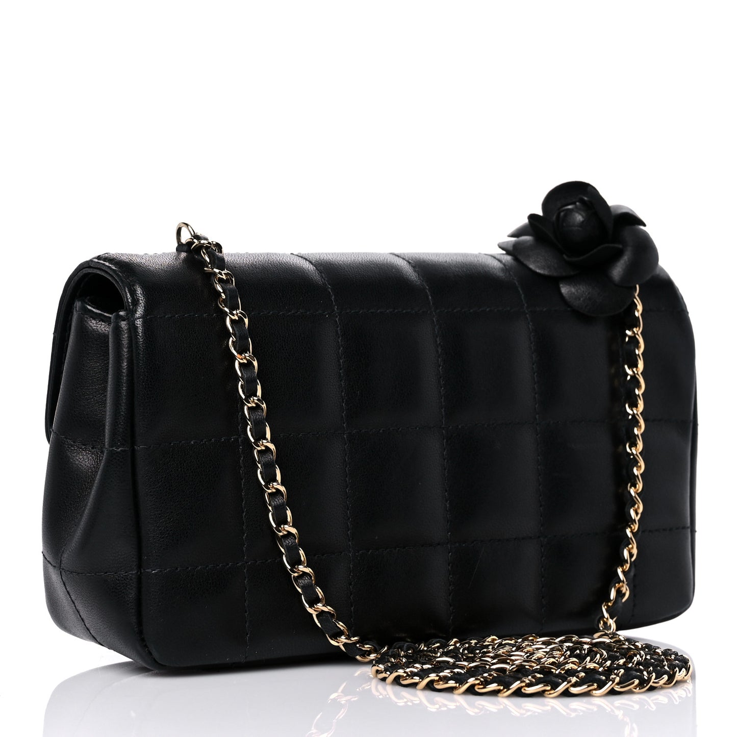 Lambskin Quilted Mini Chocolate Bar Camellia Flap Black
